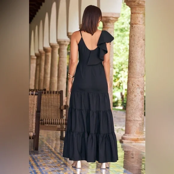 Boston proper Asymmetrical Ruffle Tiered Maxi Dress size black